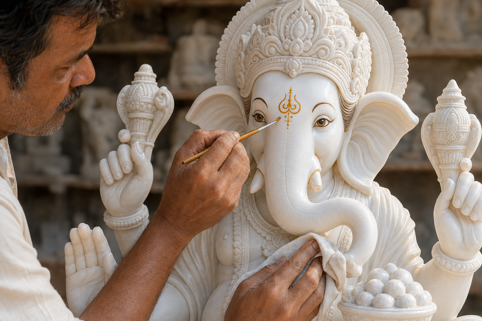 Moortikar artisan hand carving a marble Ganesh Ji moorti